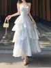 Vestido de pastel con correa azul brillante estilo francés, vestido de cumpleaños para mujer, ajustado a la cintura, adelgazante, vestido largo para vacaciones en la playa