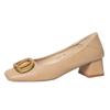 Sapatos de salto alto de salto grosso retrô estilo francês fivela de metal boca rasa cor sólida sapatos de camada única feminino profissional feminino viajante dedo quadrado sapatos de trabalho