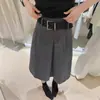 Saia de lã cinza para mulheres, primavera, plus size, para mulheres curvilíneas, novo modelo 2026, saia midi com fenda, cintura alta, saia evasê emagrecedora