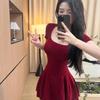 Verão Novo Estilo Desejo Puro Decote Quadrado Manga Curta Elegante Vestido Cor Pura Justo Elástico Spice Girl A-line Saia Curta