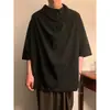 Camiseta com gola alta empilhada, seda gelada, manga curta masculina, pulôver irregular, design nicho soltinho, mangas três quartos, estilo Yamamoto