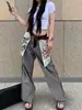 Jeans de Diseño Street Style Chica Picante Retro Americana para Mujer, Verano de Doble Uso con Bolsillos Grandes y Estampado Temático, Pantalones Largos hasta el Suelo