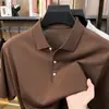 Camiseta de Punto de Manga Corta para Hombre de Verano Camisa Polo Jacquard Fresca de Seda Lino Tencel Algodón para Hombre
