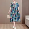 Camisola de Algodão e Seda para Mãe, Tamanho Grande, Caimento Solto, Vestido de Viscose para Meia-Idade e Idosos, Manga Curta com Bolsos, Roupa de Casa