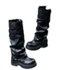 Botas de jinete, botas de plataforma, punta ancha, hebilla de cinturón, botas altas con pliegues en la rodilla, adelgazantes, de suela gruesa, negras, versátiles, pantalones metidos