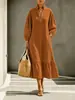 Roupas Femininas Transfronteiriças Europeias e Americanas Vestido de Cor Sólida Gola Alta Zíper com Argola Mangas Sino Bolsos Duplos na Lateral Bainha Larga Solta Vestido Longo