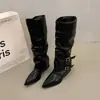 Botas de Pantalón de Tacón Grueso Retro Botas de Punta Larga para Mujer 2026 Nueva Moda Otoño Invierno Botas Caídas Botas Largas de Montar