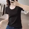 Camiseta Feminina Regular de Ombro, Manga Curta, Alta Elasticidade, Top Casual para o Dia a Dia, Camiseta Elegante Slim-Fit Emagrecedora