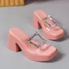 Sandalias de tacón alto con punta cuadrada y pedrería de gran tamaño para mujer, de comercio exterior del sudeste asiático, para uso en exteriores, plataforma impermeable, sandalias sin cordones de suela gruesa deseo
