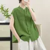 Colete de Linho Liso Artístico Retrô Wuxiu para Mulheres 2026 Novo Estilo de Verão com Bolsos de Renda, Caimento Solto, Emagrecedor, Top Casual