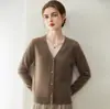 Nuevo cárdigan de cachemir elegante con cuello en V para otoño e invierno, suave y ligero, diseño simple de un solo botón, color liso, versátil para usar en capas