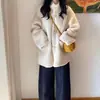 Casaco de Pelúcia Espesso com Gola Alta Integrada Moda Quente Lã de Cordeiro Outwear Feminino Inverno Novo Solto Casual Branco
