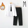 Traje Formal para Meninos com Camisa Branca Forrada de Fleece, Calça Social Preta, Colete, Suspensórios para Florista, Traje para Apresentação de Coro Infantil