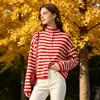 Suéter de punto con cuello alto y rayas rojas y blancas para mujer, top de punto versátil para usar en capas, en stock 9598151