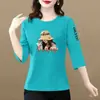 Camiseta de manga tres cuartos para mujer de comercio exterior transfronterizo, para madres de mediana edad, corte holgado, talla grande, adelgazante, que cubre la barriga, top moderno