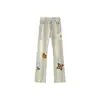 Comércio Exterior Americano Retrô High Street Bordado Imitação Padrão de Planta Flor Cimitarra Calças Jeans Lavadas Desgastadas Cintura Média para Homens