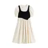Vestido Falso de Duas Peças Doce e Puro com Mangas Bufantes Feminino Plus Size Figura Maçã Gordinha Saia Longa de Verão