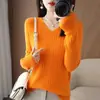 Top de punto con cuello en V 2025 Camisa básica Nueva prenda de punto de punto Suéter Invierno Primavera Otoño Ropa de punto para mujer Rayas Mangas largas Estilo ajustado Delgado