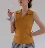 Camiseta de tricô sem mangas com gola estilo francês para mulheres, design de verão, corte justo, top elegante e leve