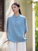 26 Ropa Original de Algodón y Lino para Mujer, Blusa Retro de Manga Corta con Botones Estilo Chino de Ramio, Camisa de Algodón y Lino Lavada a la Arena Inspirada en Zen