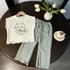 Conjunto de Verano Transfronterizo para Niñas: Camiseta de Manga Corta con Estampado de Pastel de Conejo y Pantalones Acampanados Suaves para Bebés Niñas
