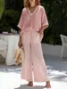 Conjunto Nuevo de Algodón y Lino de Verano para Mujer, Top Holgado de Manga Corta con Cuello en V, Conjunto de Dos Piezas con Pantalones de Pierna Ancha a Rayas, Ropa Casual Transfronteriza