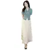 Nuevo Top de Mezclilla con Falda de Malla Estilo Pastel para Mujer, con Cuello Polo y Diseño de Manga Abullonada, Vestido Largo Adelgazante de Dos Piezas