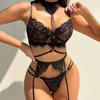 Novo conjunto sexy de 3 peças de renda preta transparente europeu e americano para Amazon, com porta-jarrete de paixão, para mulheres