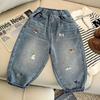 Jeans Infantil Estilo Coreano Primavera e Outono Novo Infantil Primavera Calças de Primavera Estilosas Coração Bebê Bordado Desenho Animado