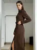 Moda Europeia e Americana de Primavera e Outono Elegante Zíper Gola Alta Camurça Sintética Vestido Simples Francês Fenda Longa Vestido