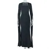 Estilo Europeu e Americano Comércio Exterior Cor Sólida Design Vestido Bodycon Cintura Marcada Feminino com Mangas Longas Off-Shoulder e Design Único de Vestido Longo