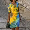 2026 Nuevo Vestido de Verano para Mujer con Estilo de Pintura al Óleo Transfronteriza, Cuello en V, Impresión 3D, Holgado, de Manga Corta, para Vacaciones en la Playa junto al Mar