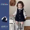 Conjunto de otoño estilo preppy para niña, conjunto de dos piezas de camisa de algodón puro y vestido con chaleco de lazo para bebé, vestido para niño pequeño