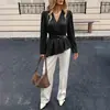 Camisa de Comercio Exterior Europea y Americana TikTok 2026 Nuevo Estilo Elegante Estilo Ligeramente Maduro con Cinturón Camisa Cruzada Negra de Cuello en V