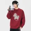 Suéter Base de Punto con Estampado Nuevo Otoño e Invierno 2026 para Hombre, Cuello Redondo Holgado, Rojo, Talla Grande, Top Suéter Versátil al por Mayor