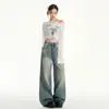 Calça Jeans Larga Estilo Bolso Lavada Vintage Desgastada Feminina Cintura Alta Emagrecedora Solta Longa Primavera Longa Calça Mop