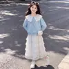 Conjunto de Duas Peças Tendência para Meninas Primavera e Outono: Camiseta Versátil Estilo Boneca com Manga Longa e Saia com Patchwork de Renda
