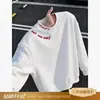 Moletom masculino trendy estilo retrô americano com letra bordada, forrado com fleece, espesso, gola redonda, manga longa, top simples e versátil