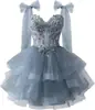 Vestidos de Tule em Camadas para Formatura Aplicações de Renda Brilhantes Alças de Laço Vestidos Curtos de Baile para Meninas