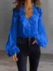 Ropa europea y americana para mujer de venta transfronteriza, blusa de gasa con encaje en V, mangas largas abullonadas plisadas y volantes, corte holgado para mujer