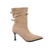 Botas Elásticas Ajustadas Estilo Retro Desierto Chuyuji para Mujer, Botines Color Nude de Tacón Alto, Botas Plisadas de Tacón Fino y Punta Fina
