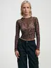 S32280 Europeu e Americano Transfronteiriço Novo Produto Amazon Feminino Sexy Leopardo Malha Estampada Justa Camiseta Top Feminino