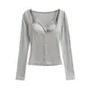 Conjunto de Duas Peças Sexy de Renda Puro Desejo para Mulheres Outono Novo Camiseta Camada de Manga Longa Tops Casuais Femininos