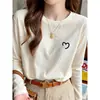 Camiseta de Algodão com Gola Redonda, Ombro Reto, Floco de Neve, Estilo Coreano, Versátil, Manga Longa Fina, Camiseta Básica para Primavera e Verão, 2026