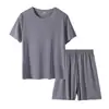 Conjunto de Ropa de Casa para Hombre de Seda de Hielo Líquida Sin Costuras, Delgado, Transpirable, Absorbente de Sudor, Cuello Redondo, Manga Corta y Shorts