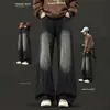 Bigodes de Gato Azul Gelo Desgastado Versátil Casal Calça Comprida Silhueta Solta Jeans de Perna Larga Homens Mulheres