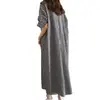 Vestido Chemise Xadrez Estilo Coreano Feminino Primavera/Verão 2022 Manga Curta Algodão/Linho Super Longo Ajuste no Joelho Solto Estiloso Camisa