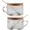 Taza de Café Retro con Asa de Vidrio Repujado Transfronteriza con Cuchara Tapa de Madera Taza para Avena Taza para Desayuno Taza de Leche Bol para Yogur