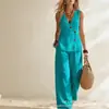 Amazon 2026 conjunto de cárdigan de botones y pantalones casuales de verano para mujer, estilo resort, color liso, de algodón y lino, transfronterizo europeo y americano