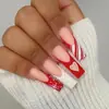 Uñas Postizas Terminadas de Navidad Color Rojo Mate y Blanco Rayado Contraste de Color Diseño de Copo de Nieve Corazón Extraíbles